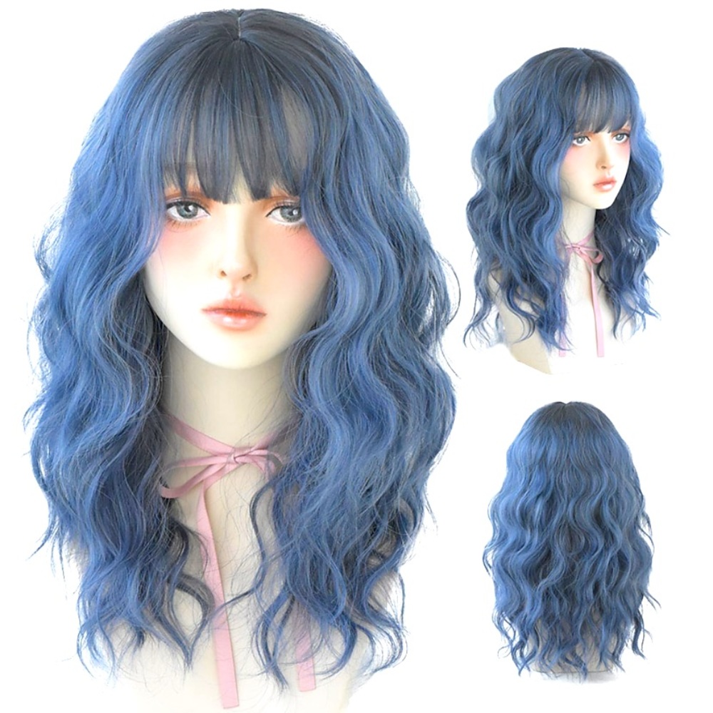 Blue Costume Long Wavy Synthetic Wig with Bangs Cosplay